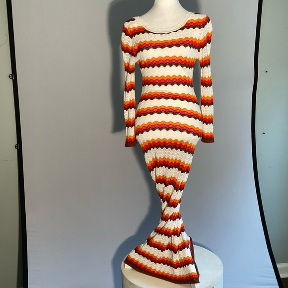 Bodycon Striking Striped Long Sleeve Crocheted Maxi Dress with Deep Scoop Back - Picture 12 of 16